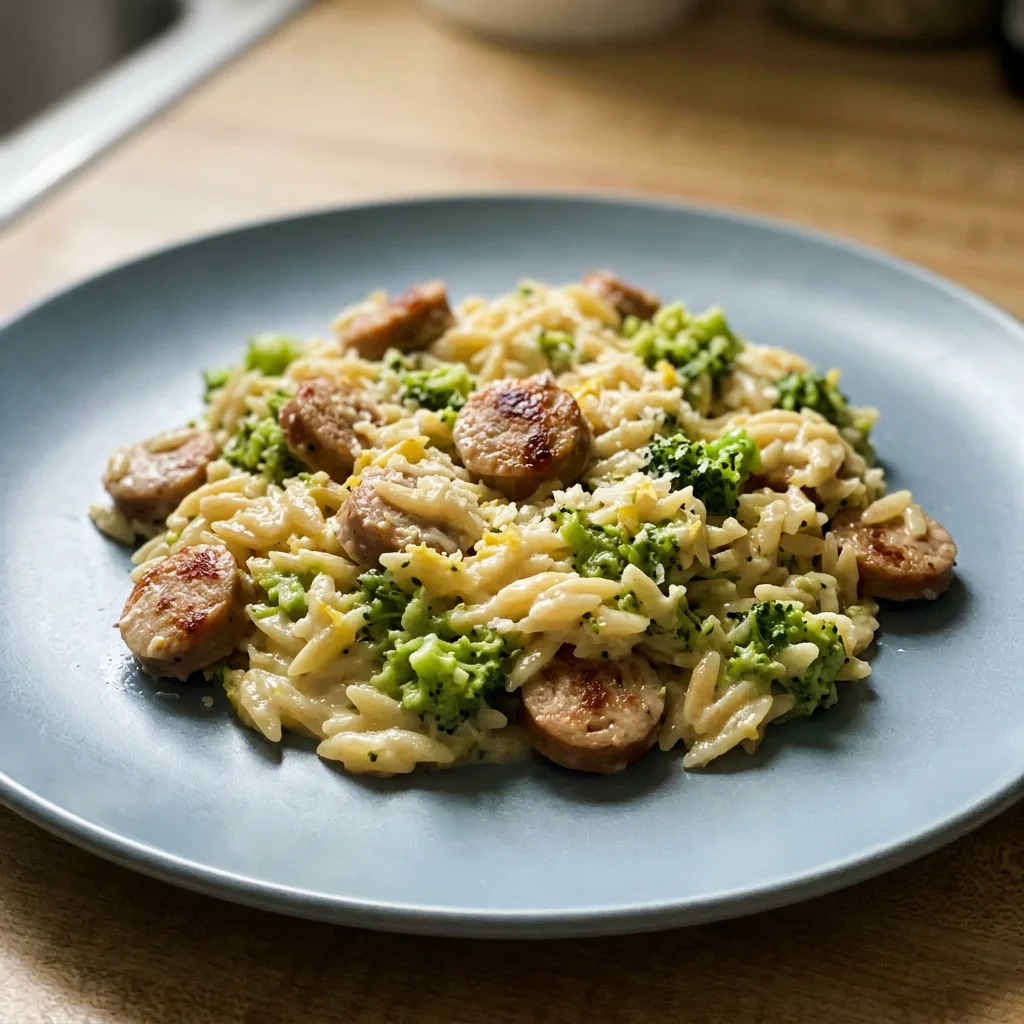 Overhead shot of chicken sausage slices and orzo with broccoli florets, topped with grated parmesan and lemon wedges.