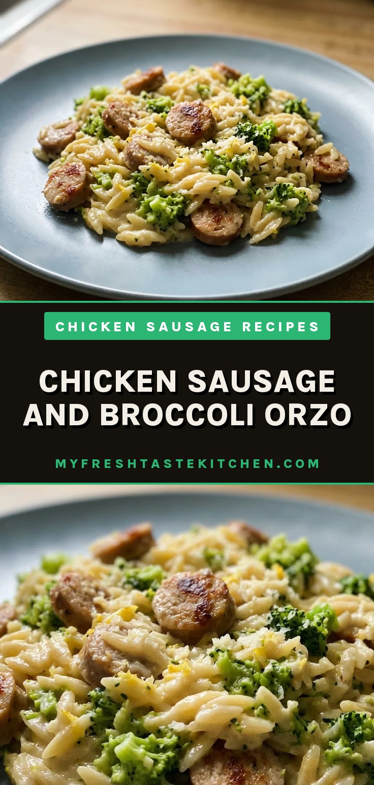 Overhead shot of chicken sausage slices and orzo with broccoli florets, topped with grated parmesan and lemon wedges.
