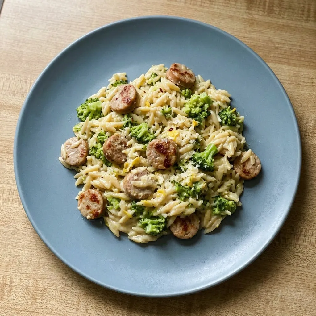 Plated chicken sausage and orzo with broccoli, garnished with parmesan and a lemon wedge.