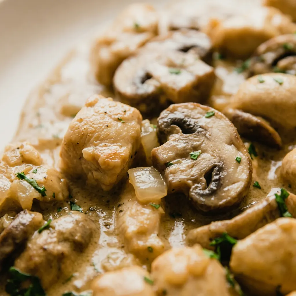Up close, a forkful of chicken and mushroom stroganoff in a creamy coconut sauce.