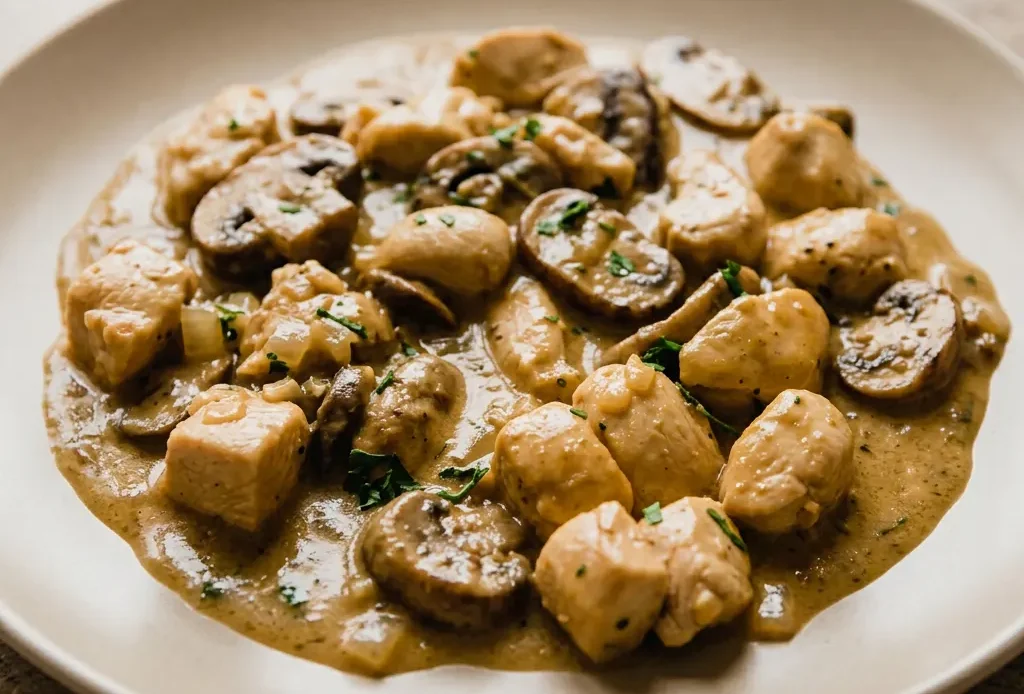 Looking down at a creamy chicken stroganoff with mushrooms, topped with a sprinkle of arrowroot starch.