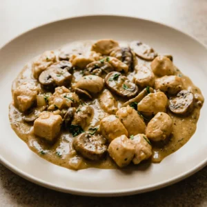 Looking down at a creamy chicken stroganoff with mushrooms, topped with a sprinkle of arrowroot starch.