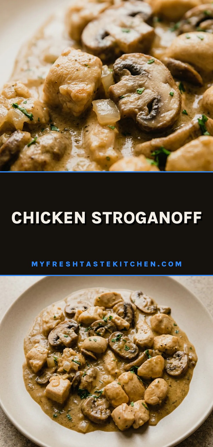 Looking down at a creamy chicken stroganoff with mushrooms, topped with a sprinkle of arrowroot starch.