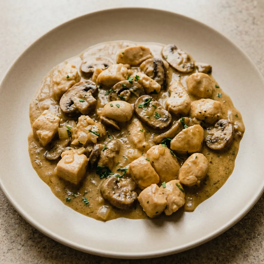 A plate of chicken stroganoff with mushrooms, coated in a thick coconut cream sauce.