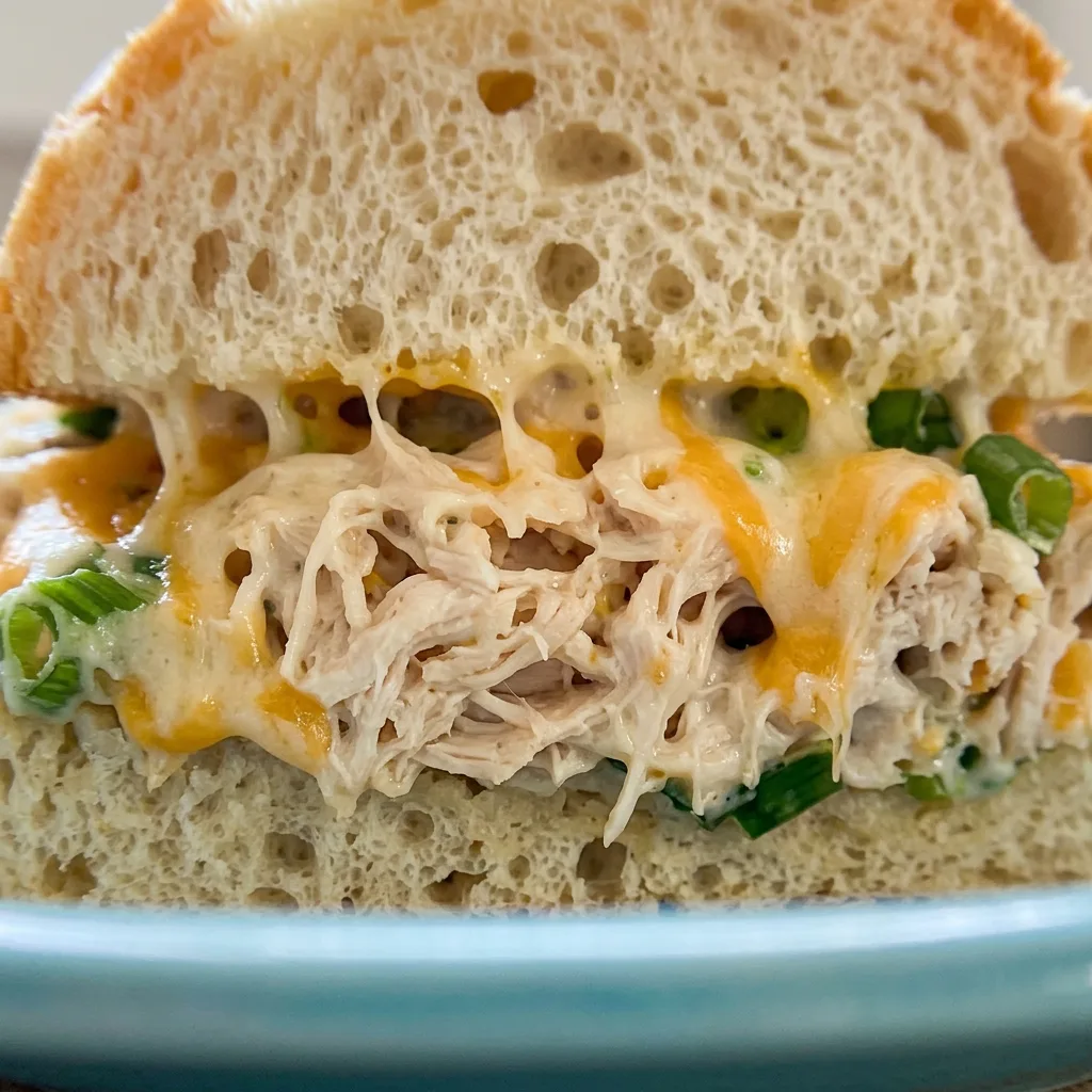 Macro detail of a stuffed French bread slice showing shredded chicken, stringy melted cheese, and green onion pieces with ranch dressing.