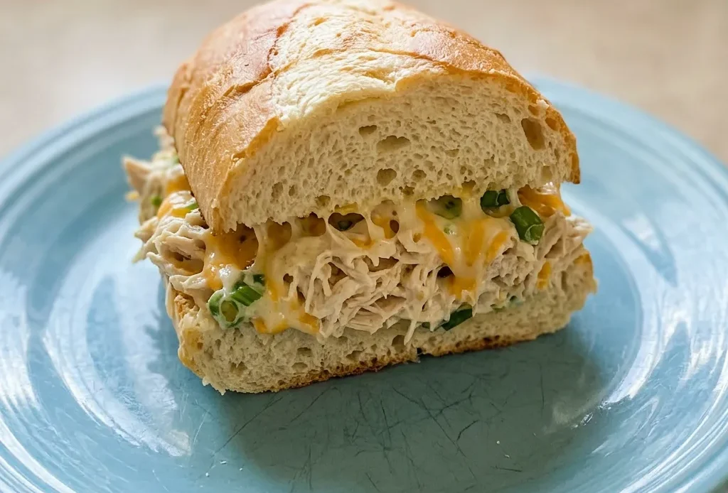 Top-down look at a halved French bread loaf filled with chicken, melted Colby-Jack cheese, and green onion, drizzled with ranch dressing.