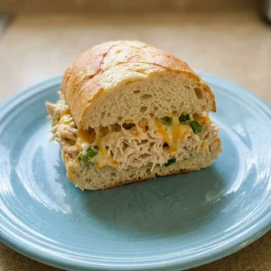 Top-down look at a halved French bread loaf filled with chicken, melted Colby-Jack cheese, and green onion, drizzled with ranch dressing.