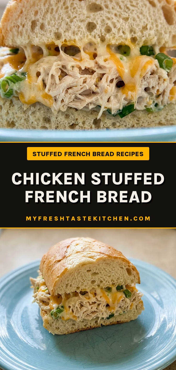 Top-down look at a halved French bread loaf filled with chicken, melted Colby-Jack cheese, and green onion, drizzled with ranch dressing.