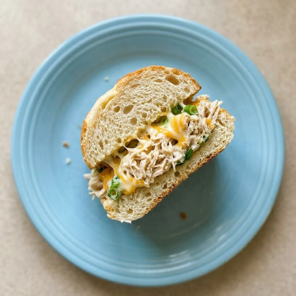 A serving of chicken-stuffed French bread with golden crust, visible chicken and cheese, topped with green onion and ranch dressing.