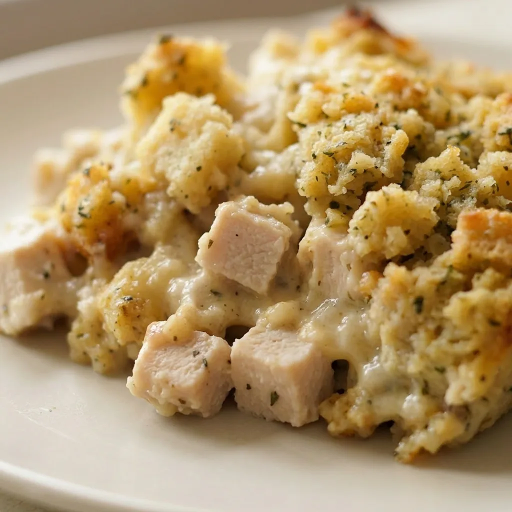 Zoomed in on a forkful of chicken and stuffing with creamy sauce.