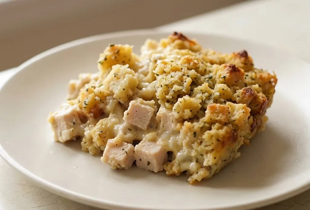 Bird's-eye view of a casserole with golden stuffing topping and creamy chicken filling.