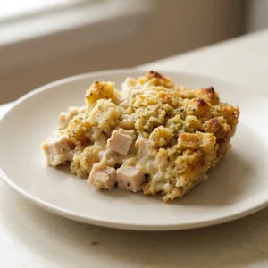 Bird's-eye view of a casserole with golden stuffing topping and creamy chicken filling.