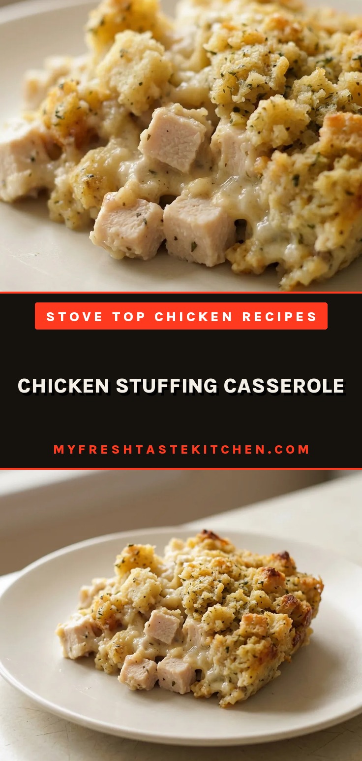 Bird's-eye view of a casserole with golden stuffing topping and creamy chicken filling.