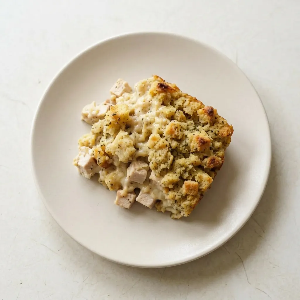 Ready to serve: a casserole dish with stuffing crust and visible chicken pieces.