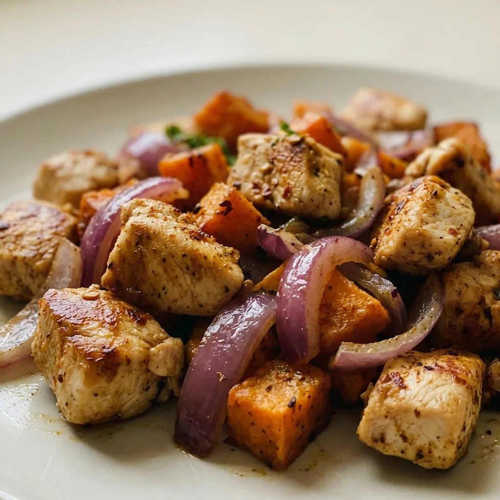 Close view of roasted chicken thigh and sweet potato cubes glistening with olive oil, topped with red onion and garlic.