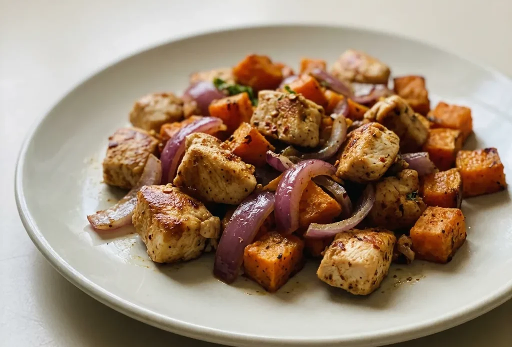 Overhead shot of chicken and sweet potato pieces seasoned with smoked paprika and cumin, garnished with red onion rings and garlic cloves.