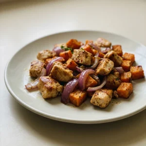 Overhead shot of chicken and sweet potato pieces seasoned with smoked paprika and cumin, garnished with red onion rings and garlic cloves.
