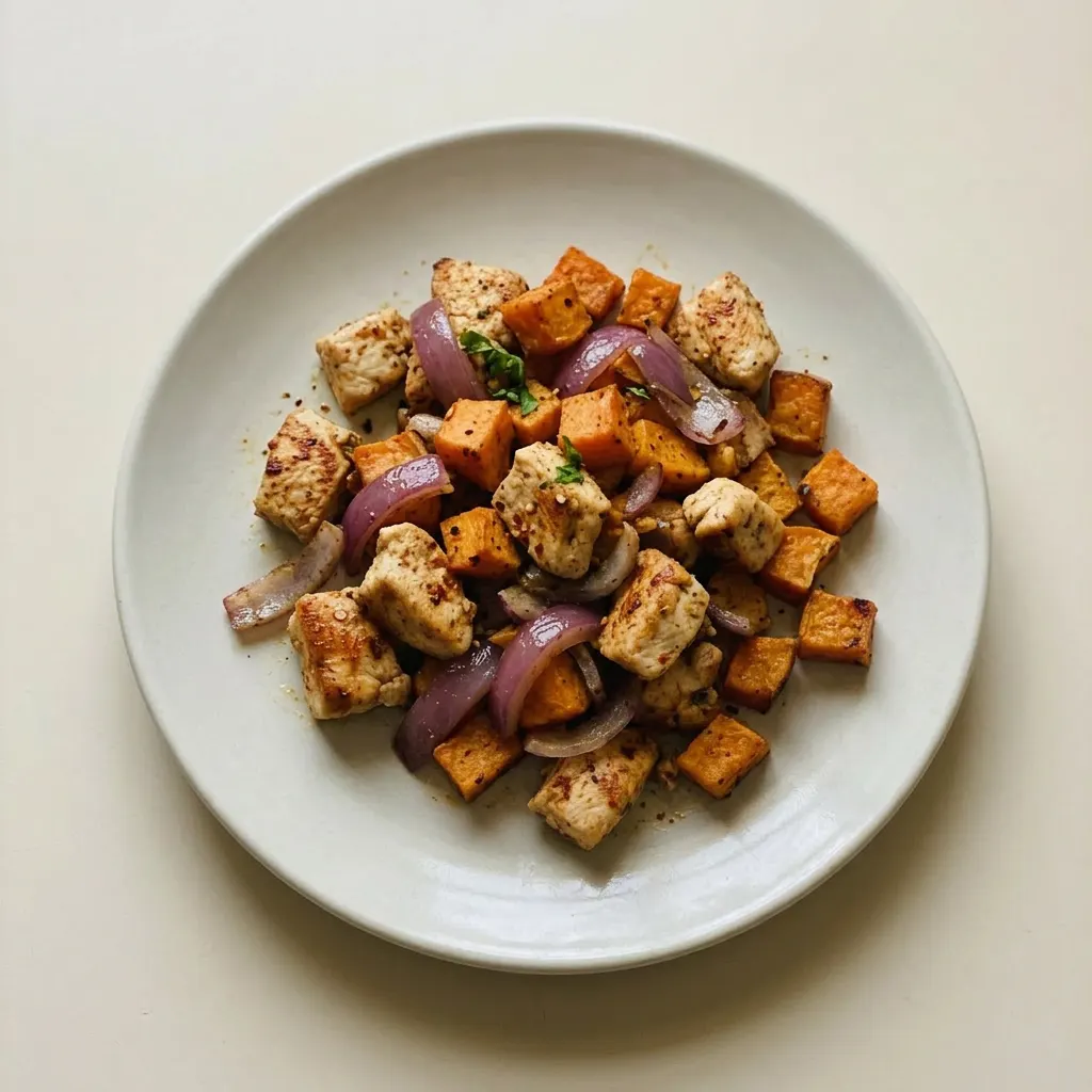 Plated chicken and sweet potato with paprika-cumin coating, visible red onion and garlic pieces.