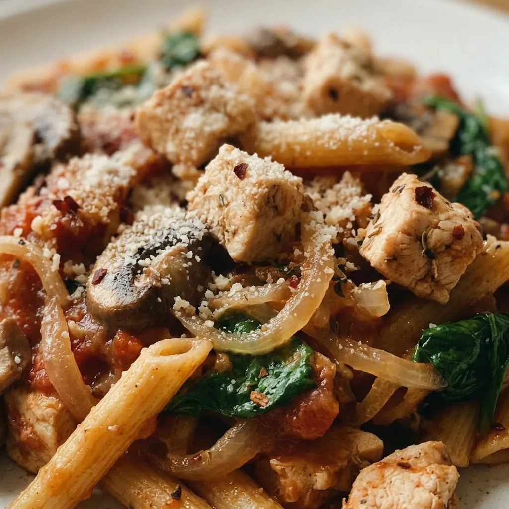 Close view of chicken tomato pasta with visible mushrooms, spinach, and parmesan shavings.
