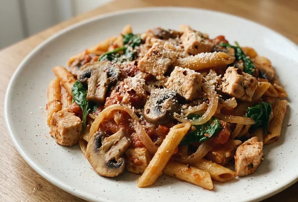 Overhead shot of chicken tomato pasta with mushrooms, spinach, and parmesan on top.