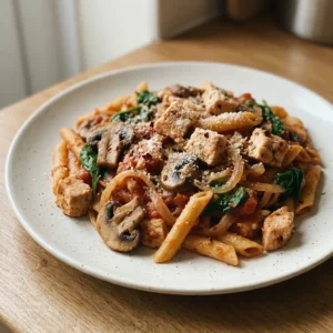 Overhead shot of chicken tomato pasta with mushrooms, spinach, and parmesan on top.