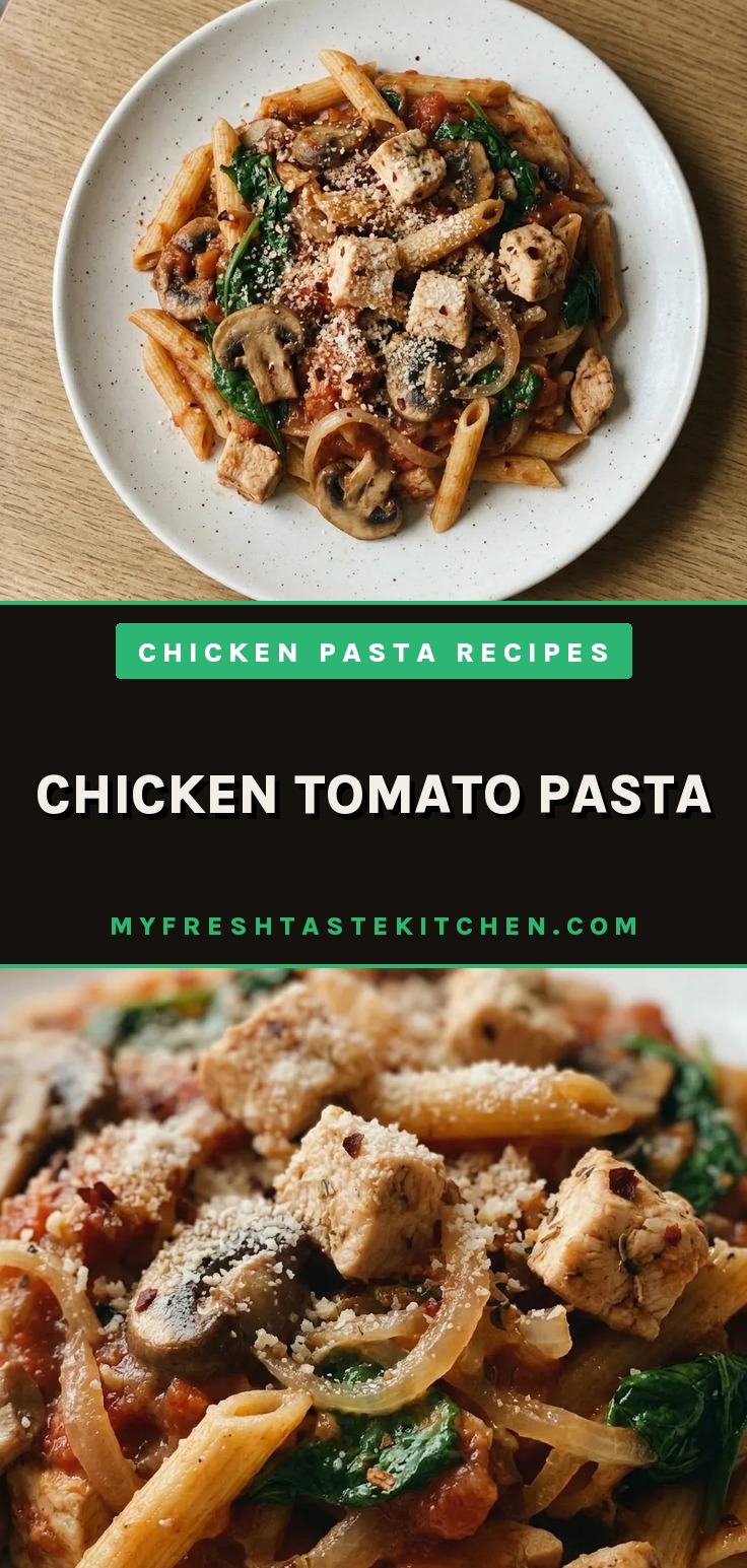 Overhead shot of chicken tomato pasta with mushrooms, spinach, and parmesan on top.