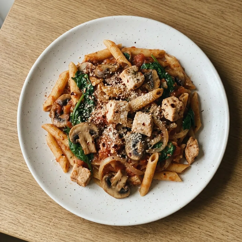 Plated chicken tomato pasta topped with mushrooms, spinach, and parmesan.
