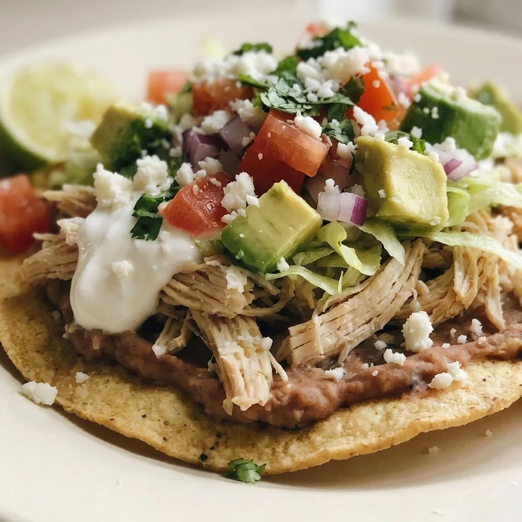 Close view of a tostada showing layers of refried beans, shredded chicken, cotija cheese, lettuce, tomato, red onion, cilantro, and avocado, with sour cream and a lime wedge.