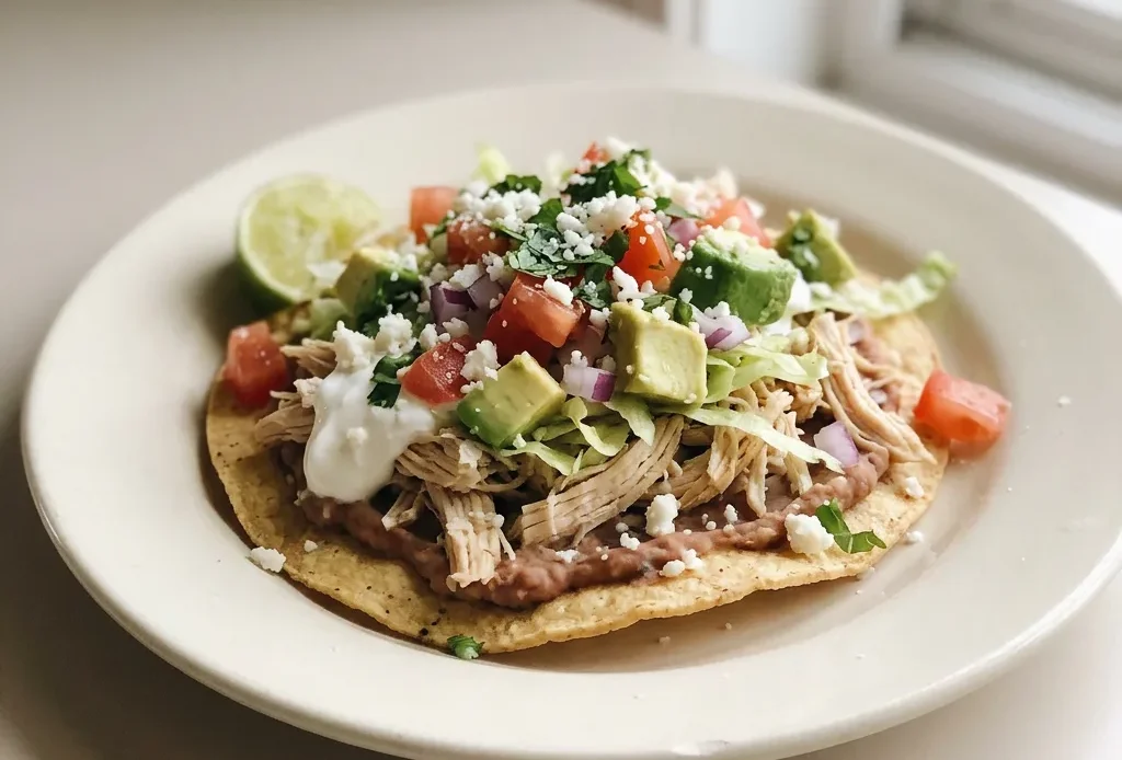 Overhead shot of a tostada shell topped with refried beans, shredded chicken, crumbled cotija cheese, shredded lettuce, diced tomato, red onion rings, cilantro, avocado slices, and sour cream, with a lime wedge on the side.