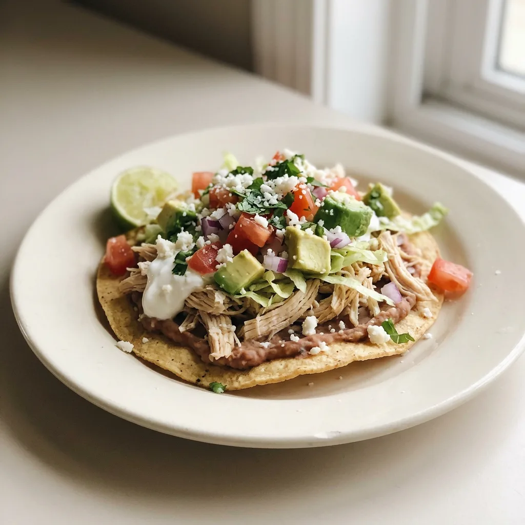 Overhead shot of a tostada shell topped with refried beans, shredded chicken, crumbled cotija cheese, shredded lettuce, diced tomato, red onion rings, cilantro, avocado slices, and sour cream, with a lime wedge on the side.
