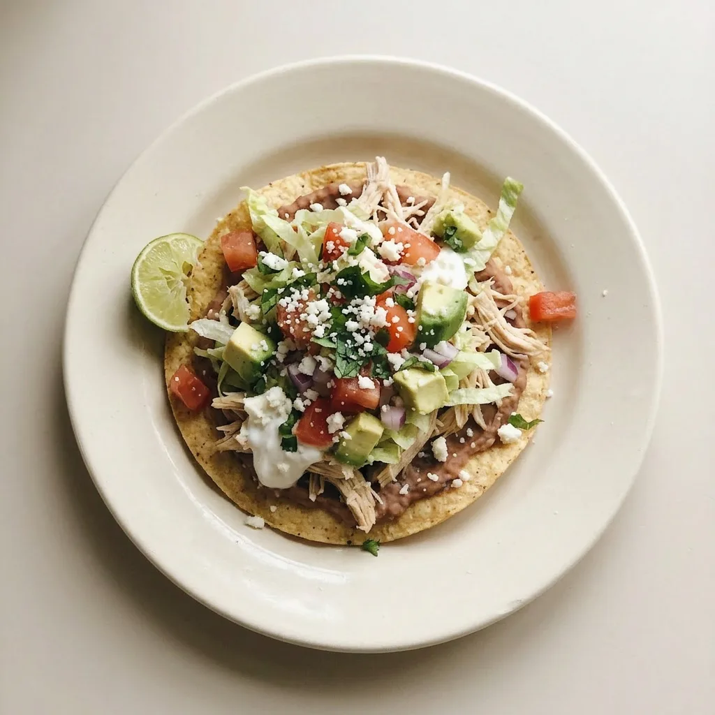 Plated tostada with refried beans, shredded chicken, cotija cheese, lettuce, tomato, red onion, cilantro, avocado, and sour cream, accompanied by a lime wedge.