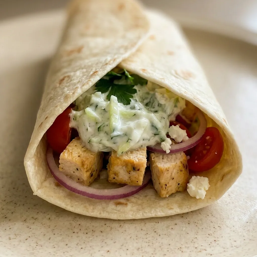 Zoomed in on a wrap cross-section with shredded chicken, tzatziki sauce, cucumber, and feta cheese visible.