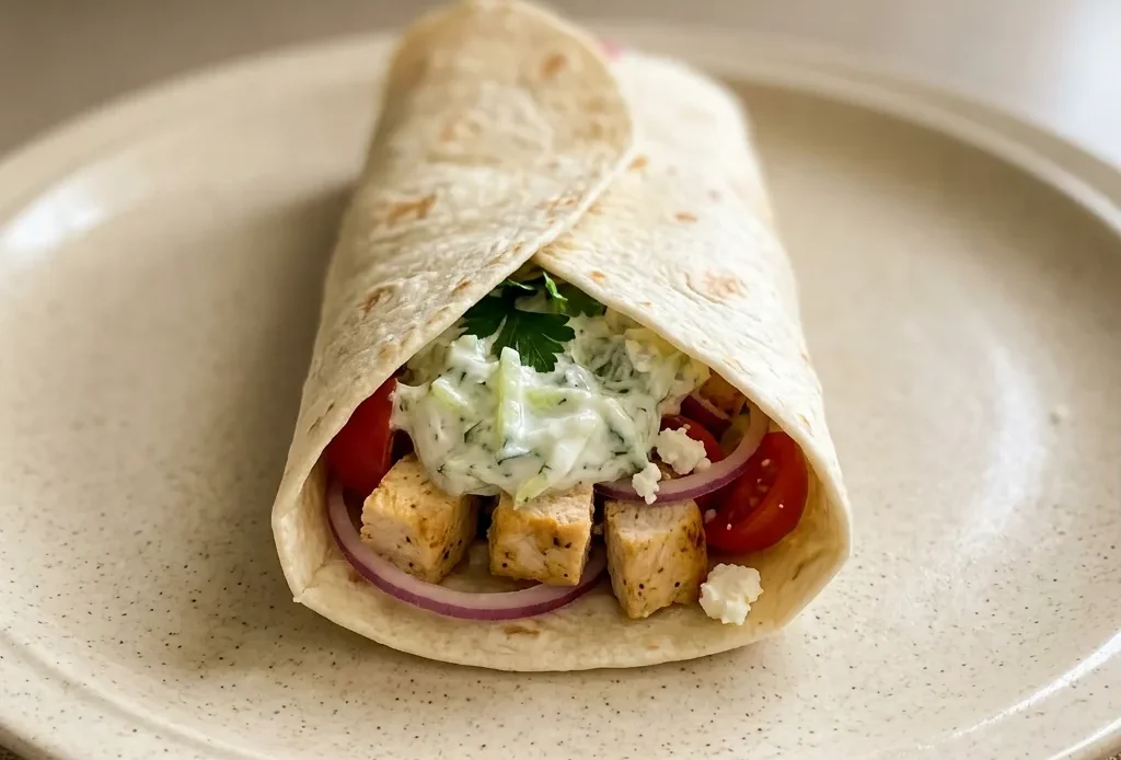 Bird's-eye view of a chicken tzatziki wrap cut in half, showing cucumber slices and feta cheese crumbles inside.