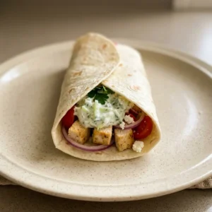 Bird's-eye view of a chicken tzatziki wrap cut in half, showing cucumber slices and feta cheese crumbles inside.