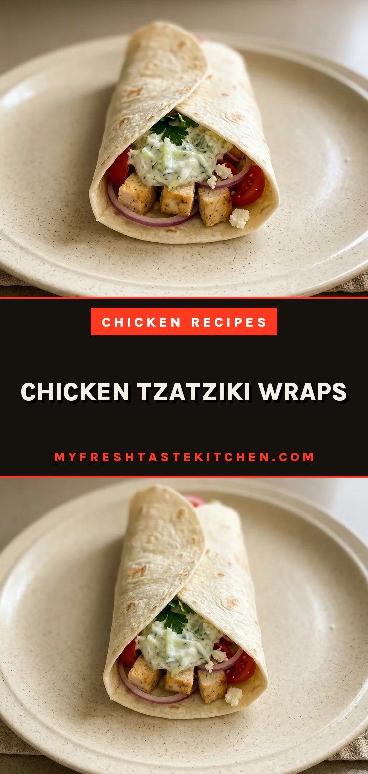 Bird's-eye view of a chicken tzatziki wrap cut in half, showing cucumber slices and feta cheese crumbles inside.