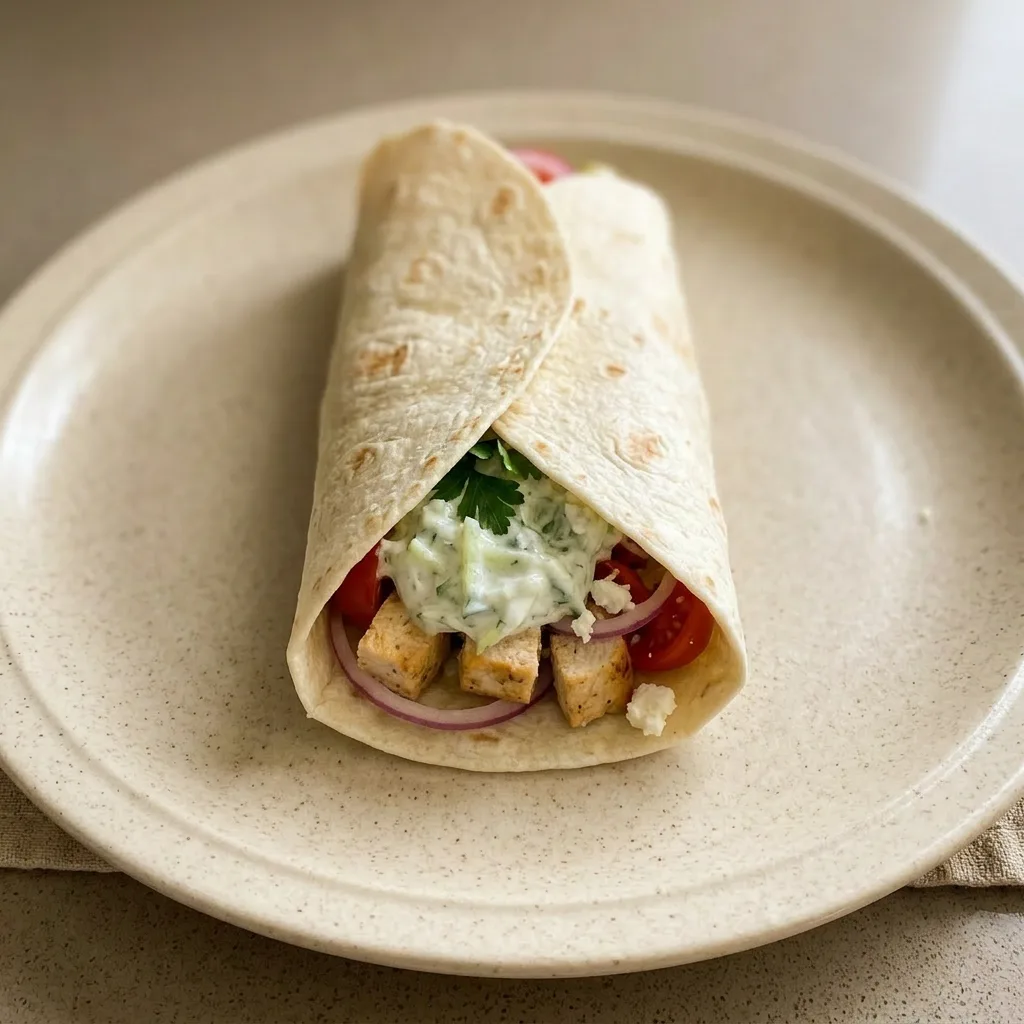 Ready to serve: two halves of a chicken tzatziki wrap with tzatziki and cucumber on the side.