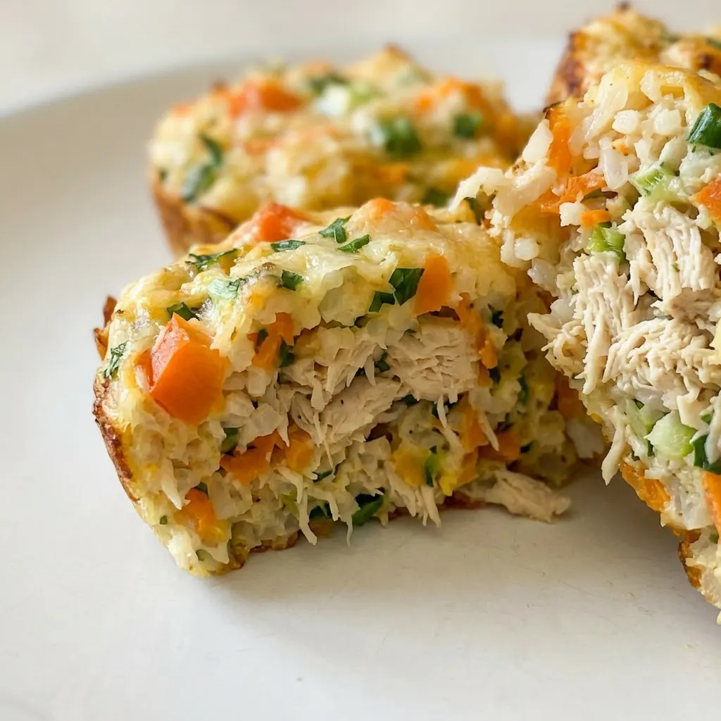 Close view of a chicken and veggie rice bite with visible chunks of chicken, rice, and colorful vegetable pieces, garnished with green onions.