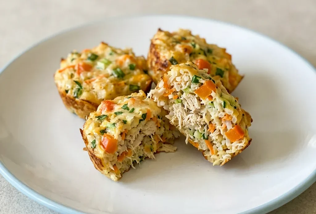 Overhead shot of golden brown rice bites topped with diced carrots, zucchini, bell peppers, green onions, and melted cheese.