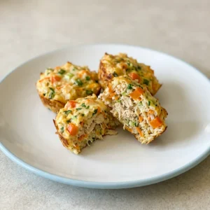 Overhead shot of golden brown rice bites topped with diced carrots, zucchini, bell peppers, green onions, and melted cheese.