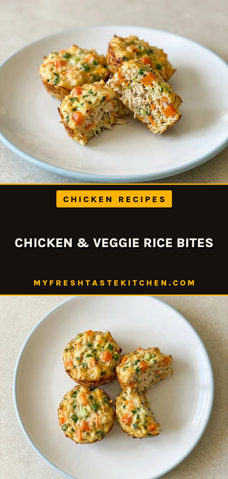 Overhead shot of golden brown rice bites topped with diced carrots, zucchini, bell peppers, green onions, and melted cheese.