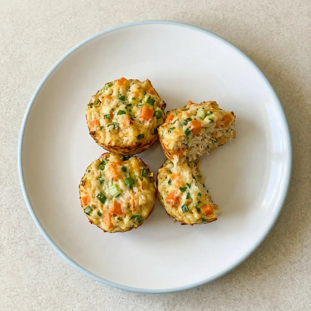 Plated chicken rice bites arranged on a serving dish, each topped with shredded cheese and diced bell peppers and carrots.