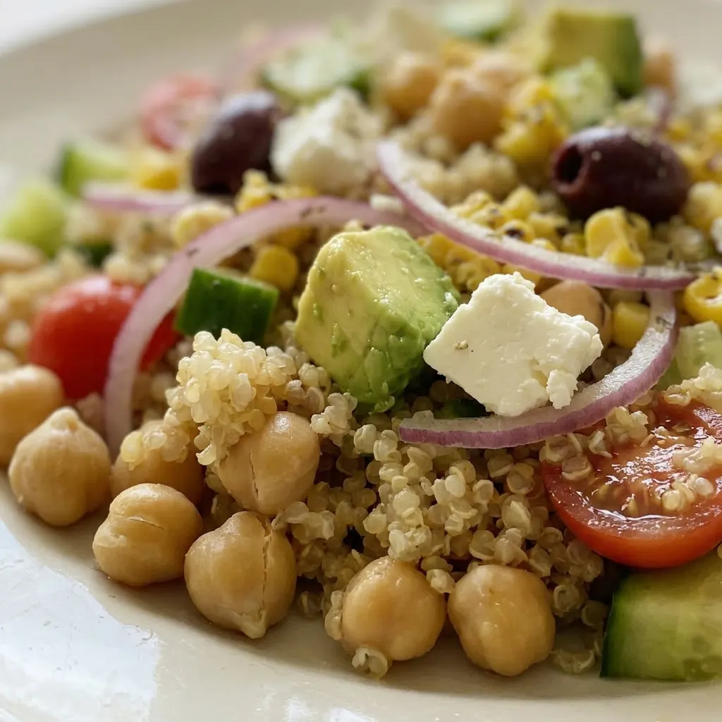 Macro detail of quinoa and chickpea salad showing a forkful with feta cheese, cucumber, avocado, and cherry tomatoes, drizzled with lemon.