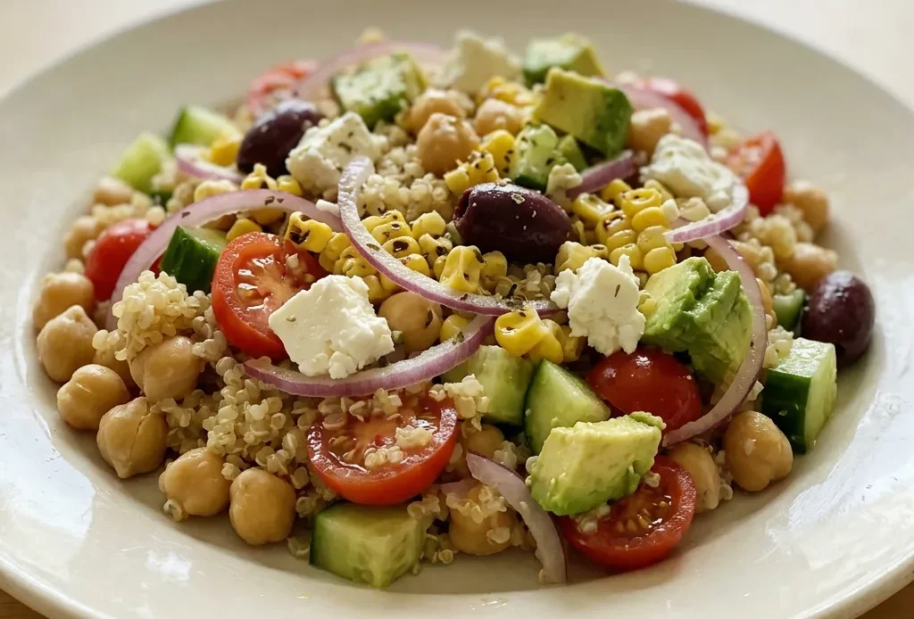 Top-down look at a bowl of quinoa and chickpea salad with cherry tomatoes, cucumber, avocado, and feta cheese, garnished with lemon wedges.