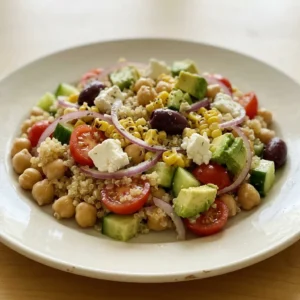 Top-down look at a bowl of quinoa and chickpea salad with cherry tomatoes, cucumber, avocado, and feta cheese, garnished with lemon wedges.