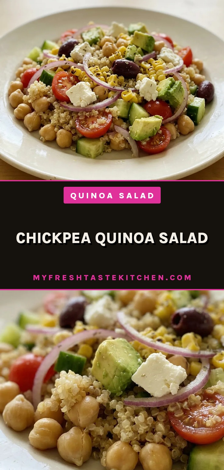 Top-down look at a bowl of quinoa and chickpea salad with cherry tomatoes, cucumber, avocado, and feta cheese, garnished with lemon wedges.