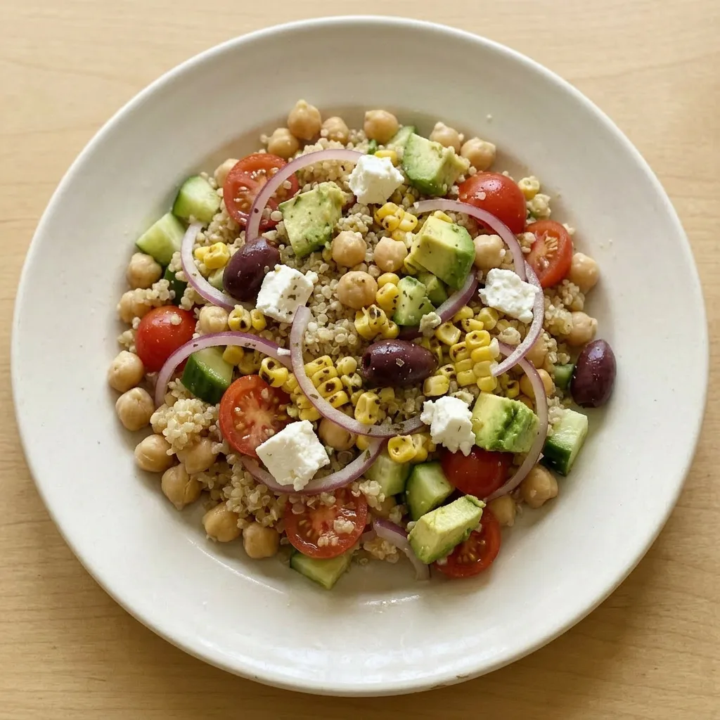 A serving of quinoa and chickpea salad topped with crumbled feta, avocado slices, cucumber, and cherry tomatoes, with lemon wedges on the side.