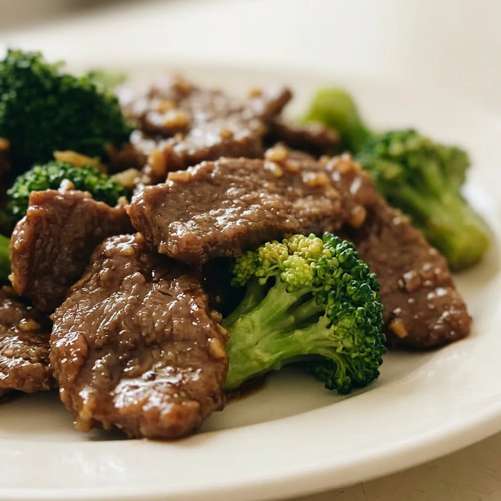 Close view of seared beef and bright green broccoli coated in glossy soy sauce with garlic and ginger.
