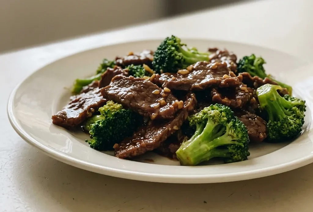 Overhead shot of beef strips and broccoli florets in soy glaze with garlic and ginger slices.