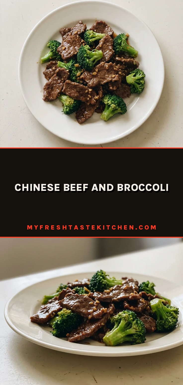 Overhead shot of beef strips and broccoli florets in soy glaze with garlic and ginger slices.