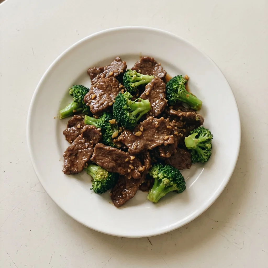 Plated beef and broccoli in a savory soy sauce with visible garlic and ginger pieces.